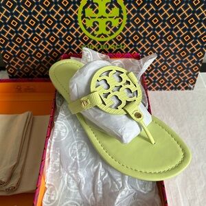 Tory Burch Miller Lizard Embossed Leather Sandal Lime Leaf Size 8